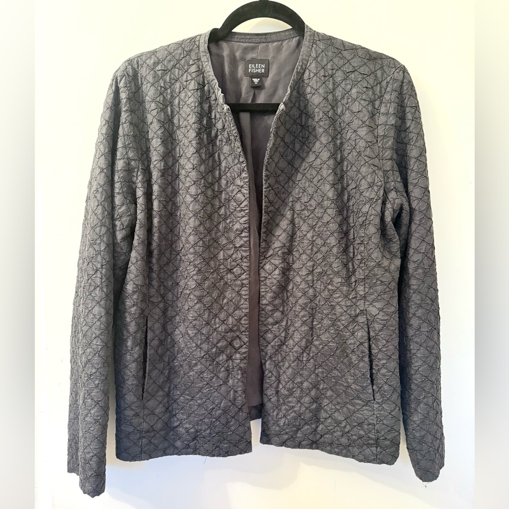 Eileen Fisher Charcoal Black Quilted Silk Cardigan Jacket Pockets Magnetic Close